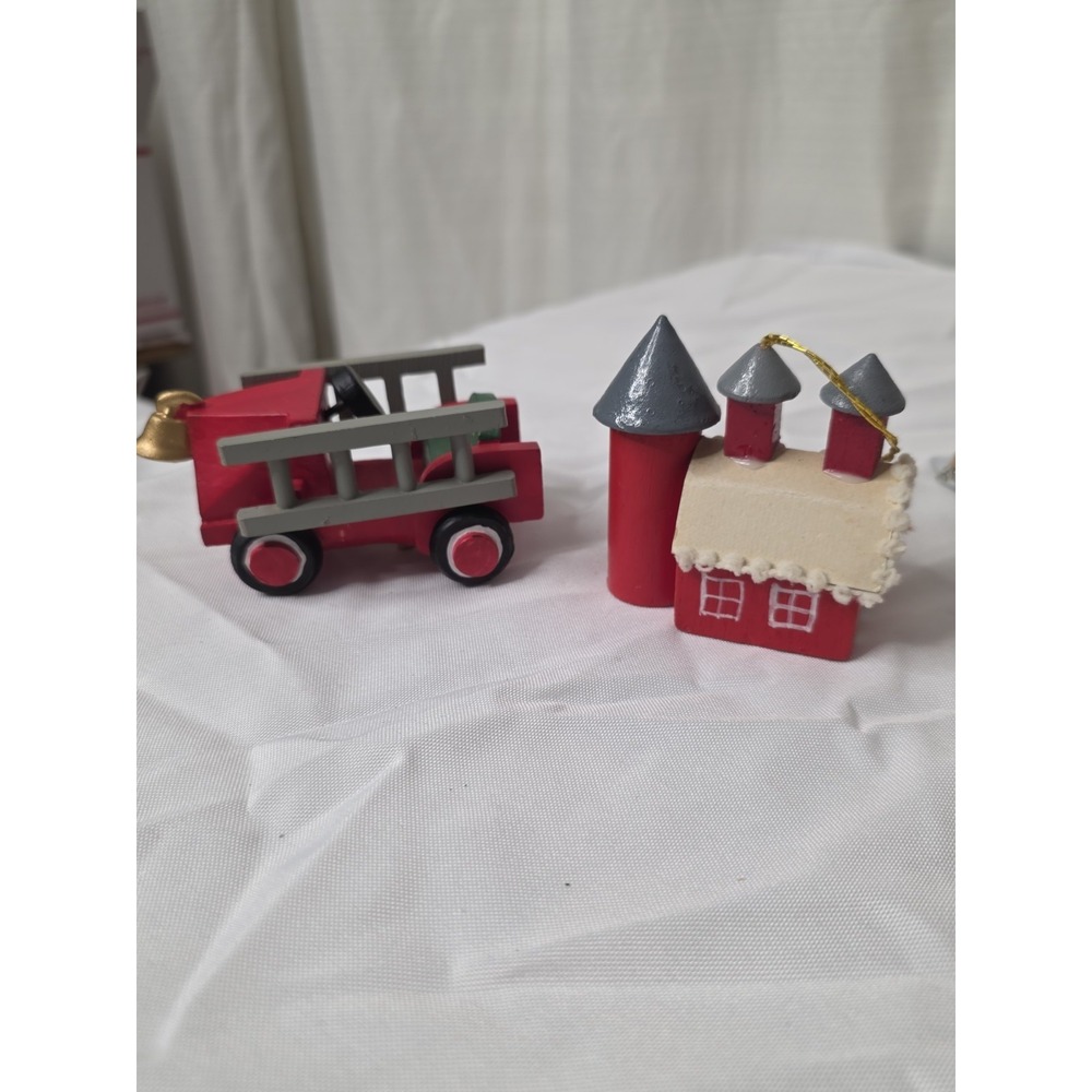 Wood toy fire truck and village buildings set, vintage Christmas ornaments